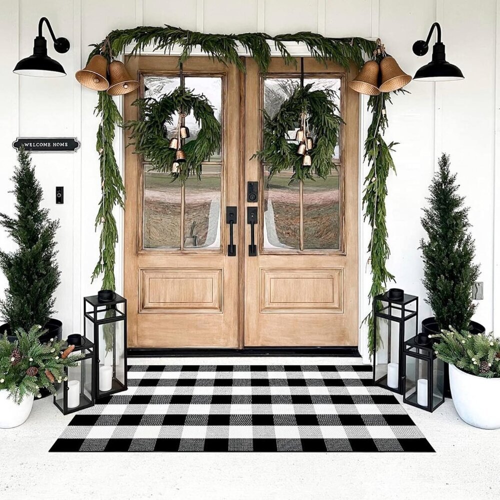 Cotton Buffalo Plaid Rug 3'x5' Black and White Checked Rug Washable Doormats Ind